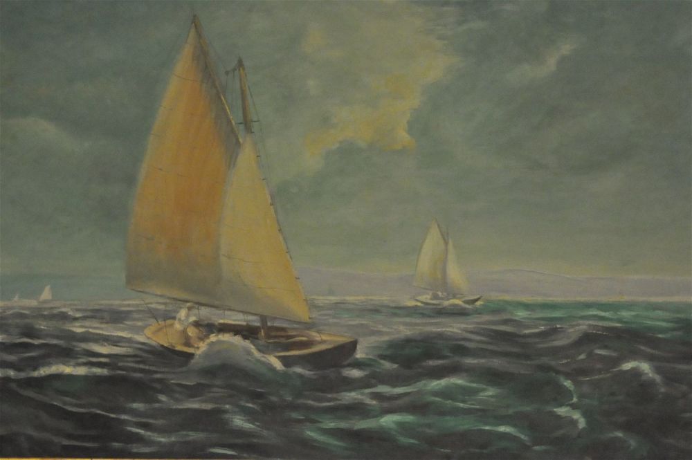 Lot 431: Nautical antique oil painting sailing ships