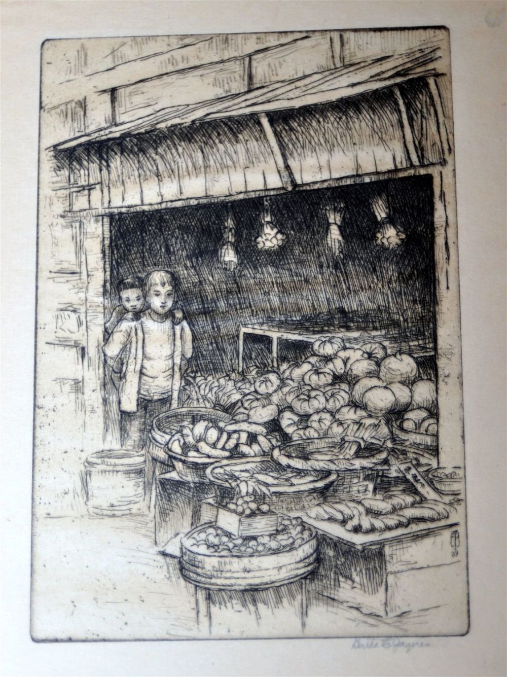 Lot 381: Bertha Jacques etching 1933 -Vegetable Stand
