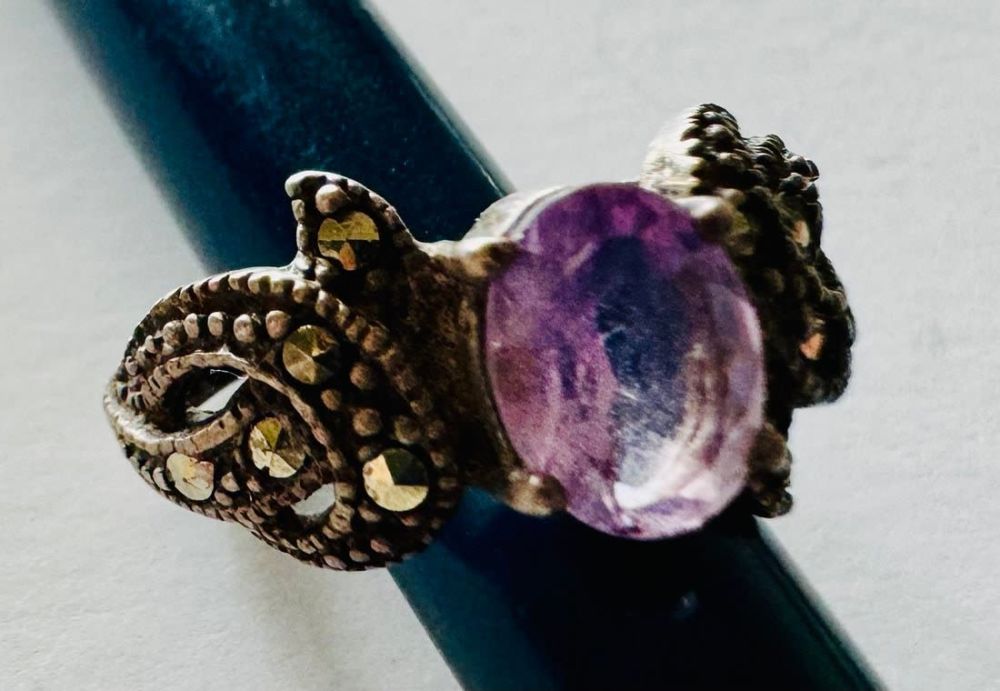 Lot 270: Purple amethyst ring sterling marcasite
