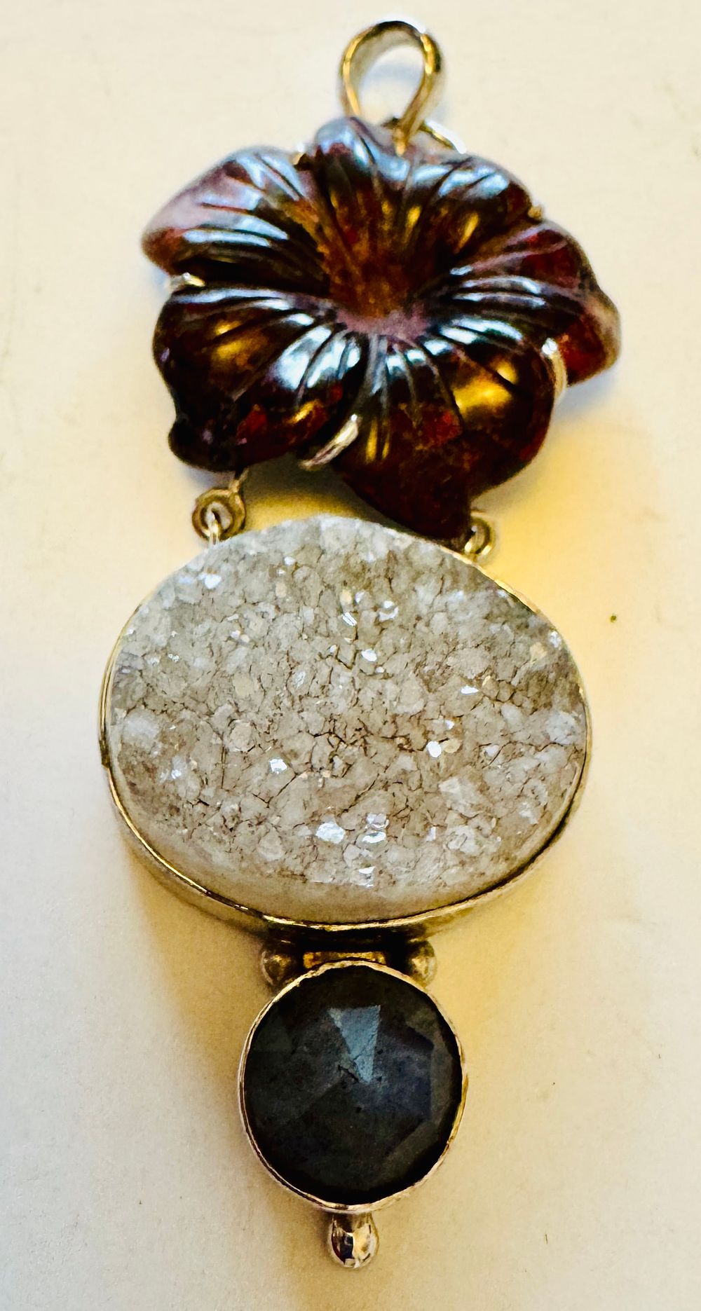 Lot 301: Sterling custom carved flower druzy pendant