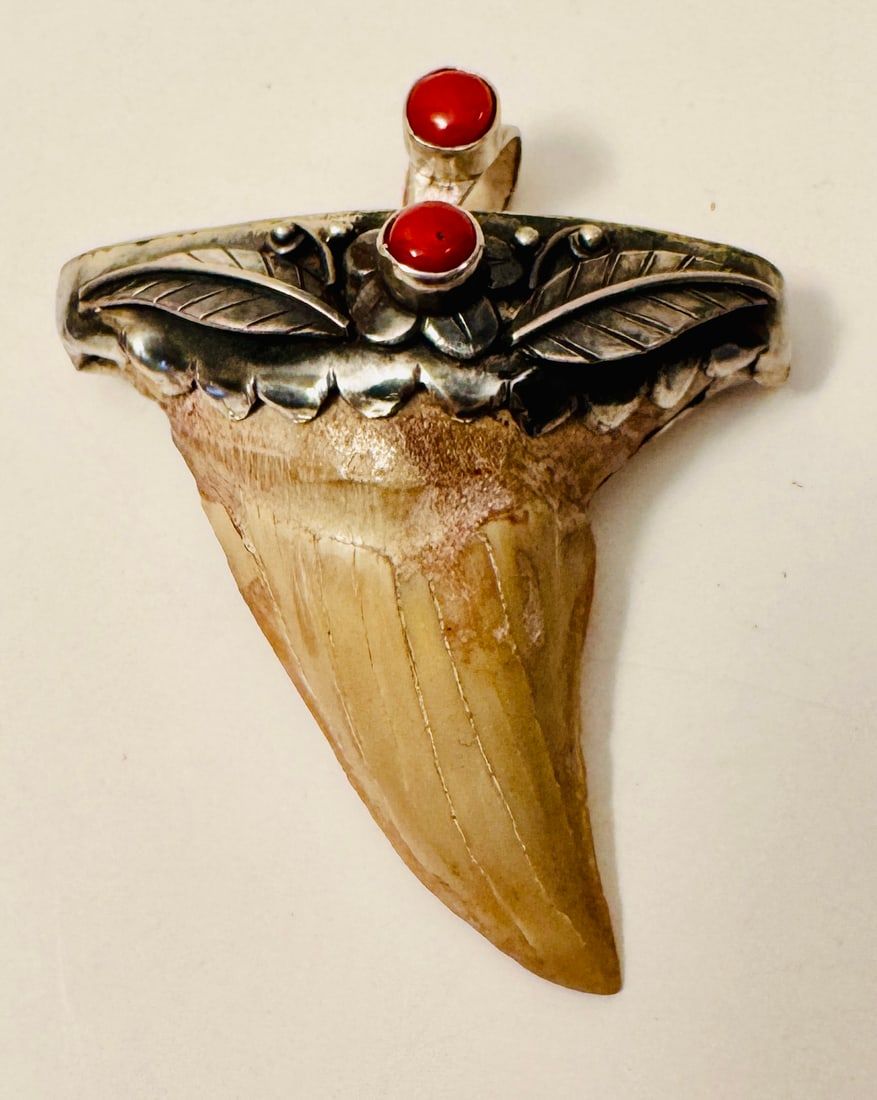 Lot 321: Megaladon tooth pendant/coral