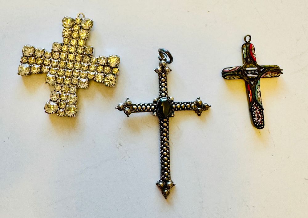 Lot 349: 3 crosses - sterling, rhinestone and micromosaic