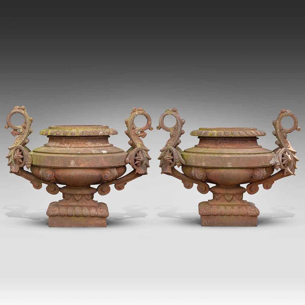 An impressive pair of cast iron Arts and Crafts garden urns 113 x 147 x 100 cm. (44.4 x 57.8 x 