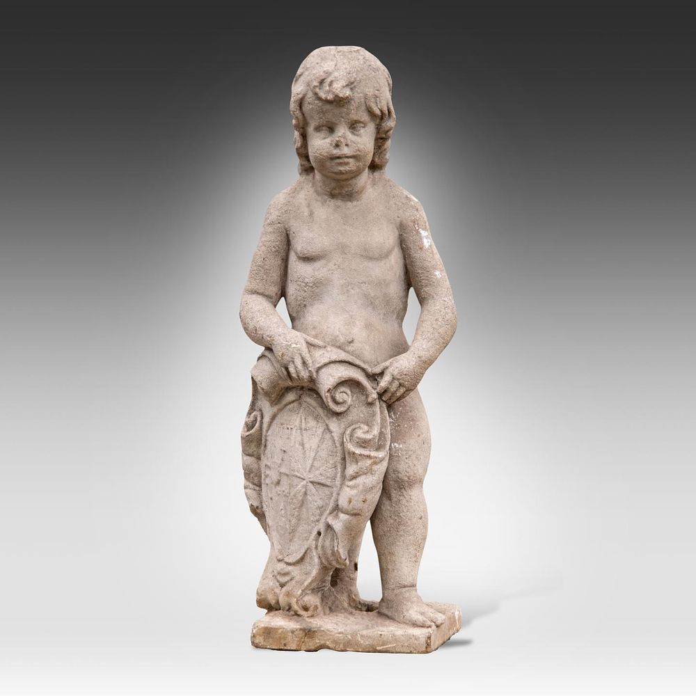 A sandstone sculpture of a putto bearing a coat of arms 71 x 27 x 22 cm. (27.9 x 10.6 x 8.6 in.). 