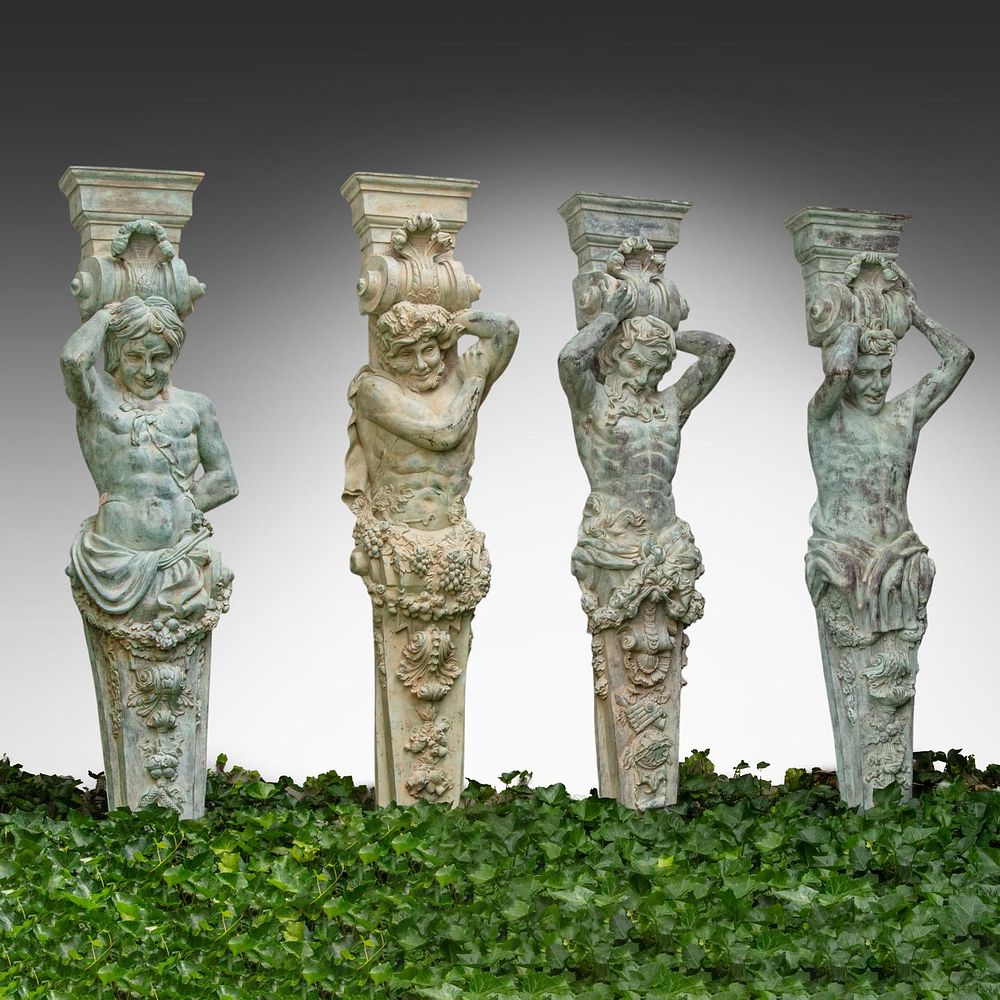 A set of four verdigris-patinated bronze architectural caryatid figures 220 x 60 x 36 cm. (86.6 