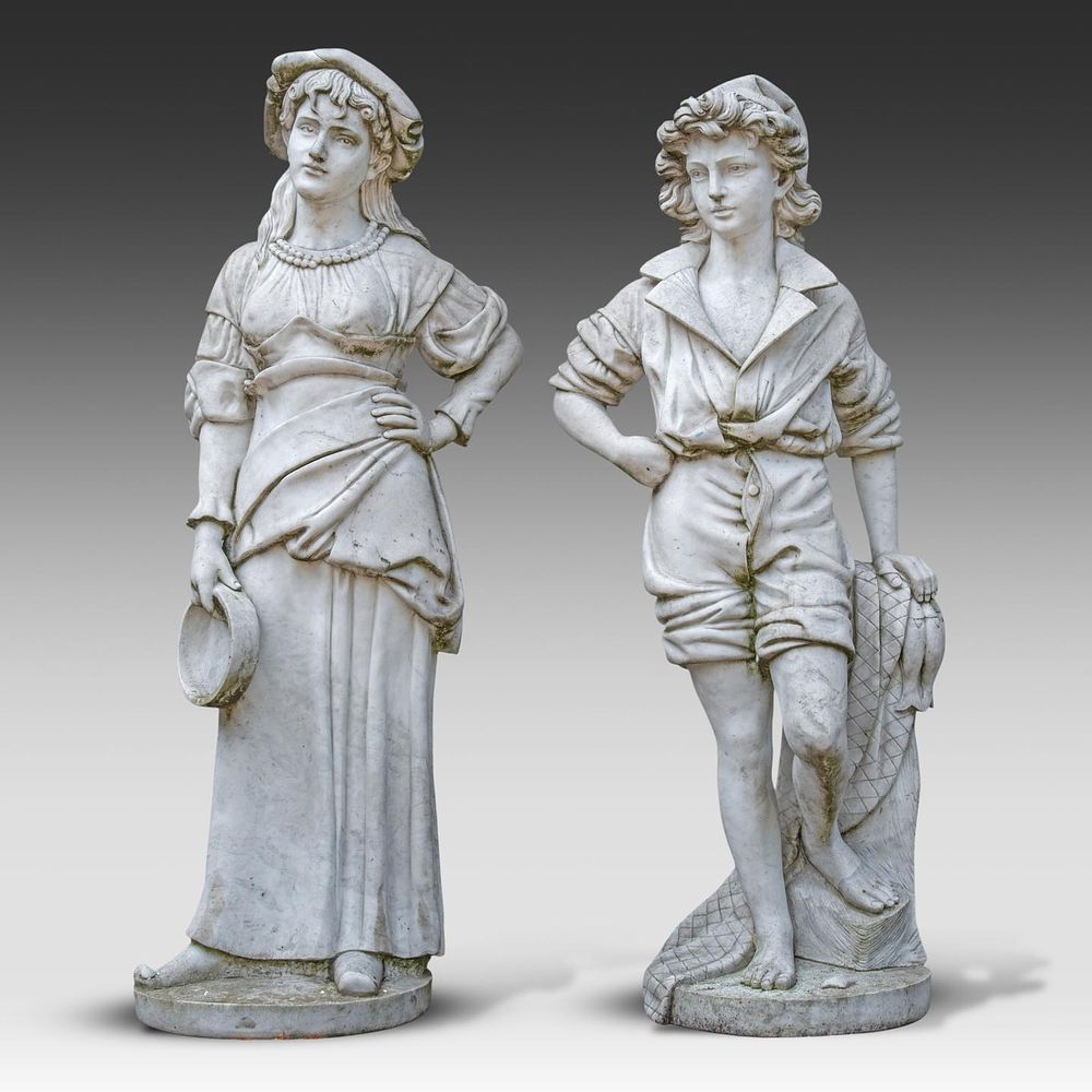 Two marble sculptures of a boy and girl dressed as a shepherd and a shepherdess, H 151 - 55 - 