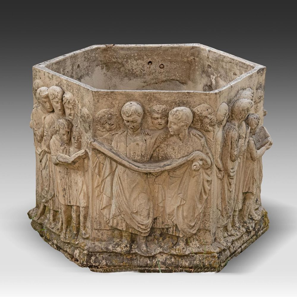 A hexagonal planter in composite stone depicting choir figures 47 x 60 cm. (18 1/2 x 23.6 in.). 