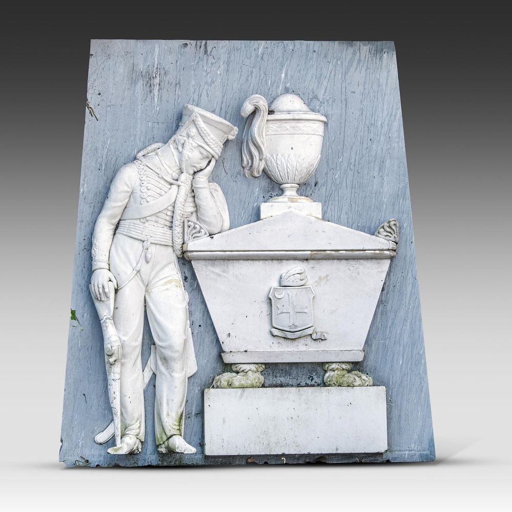 A Neoclassical marble memorial plaque, 19thC 133 x 113 x 16 cm. (52.3 x 44.4 x 6.3 in.). A 