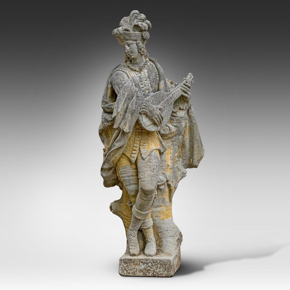 A composite stone garden figure of a musician in 17thC dress 124 x 60 x 42 cm. (48.8 x 23.6 x 