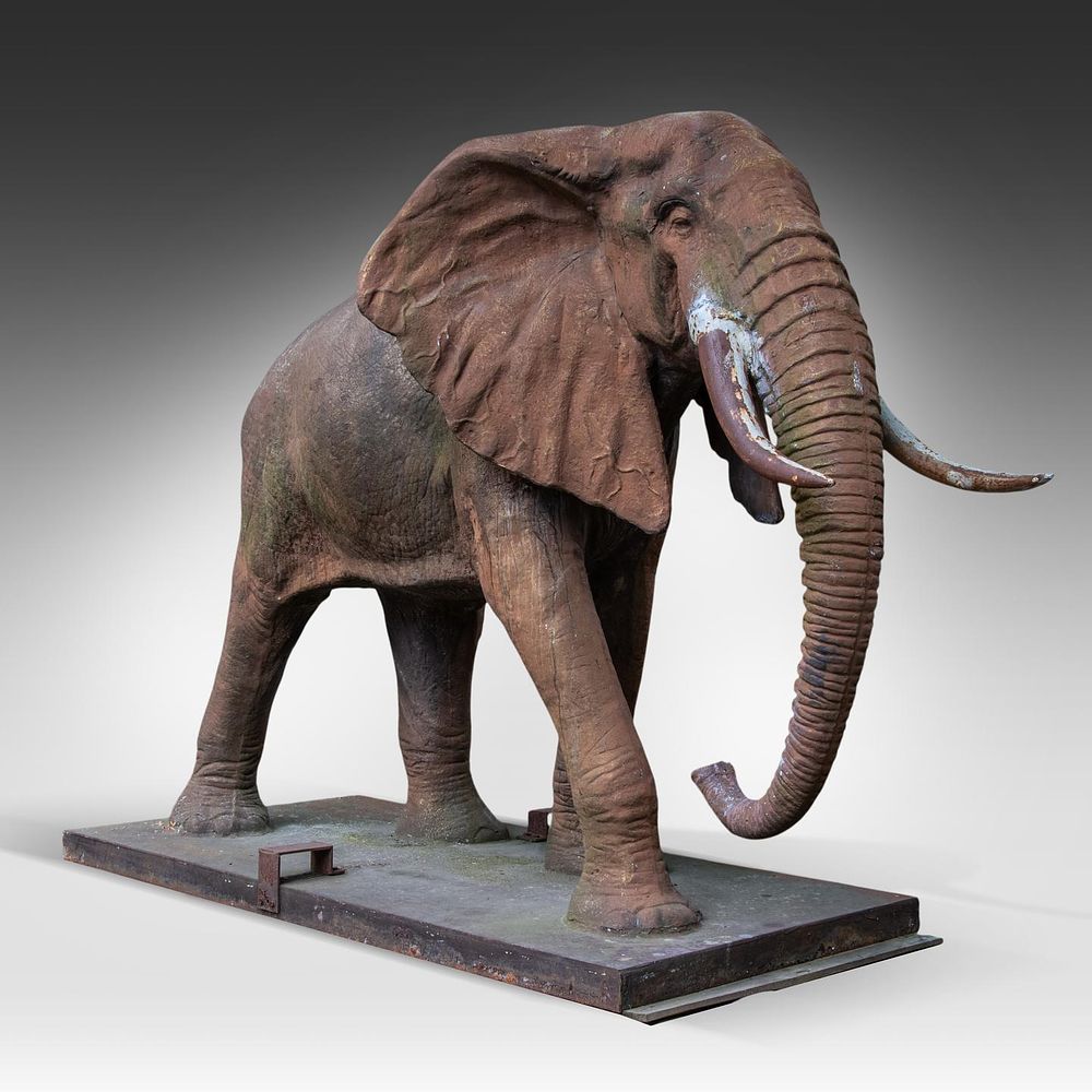 A cast iron sculpture of an African elephant, ca 1900 194 x 300 x 110 cm. (76.3 x 118.1 x 43.3 in.)