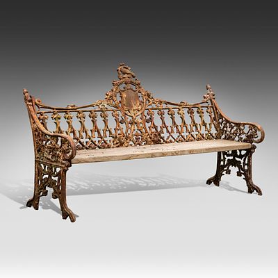 A 19thC Coalbrookdale-type cast iron garden bench with a wooden slatted seat 97 x 170 x 59 cm. 