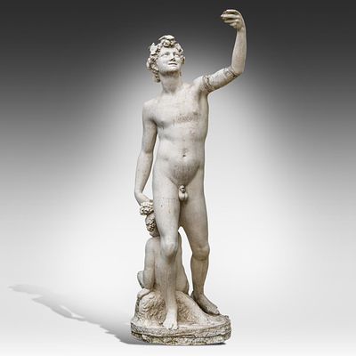 A painted composite stone garden figure of Bacchus 155 x 58 x 45 cm. (61.0 x 22.8 x 17.7 in.). A 