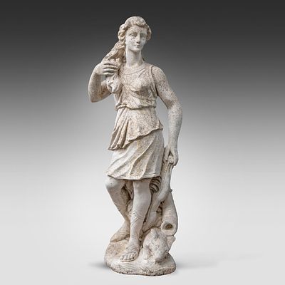 A composite stone garden figure of the goddess Diana as a huntress 132 x 52 x 34 cm. (51.9 x 