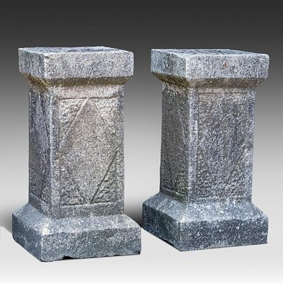 A pair of granite garden pedestals, with lozenge decoration, 19thC 71 x 36 x 36 cm. (27.9 x 