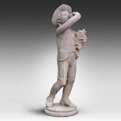 A painted composite stone sculpture of a farmer 110 x 49 x 40 cm. (43.3 x 19.2 x 15 3/4 in.). A 