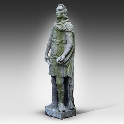 A blue stone garden sculpture of a Roman figure, the base marked 'Julius Caesar' 220 x 76 x 58 