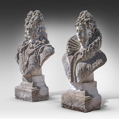 A pair of impressive composite stone garden busts of Louis XIV and Maria de Medici 120 x 80 x 