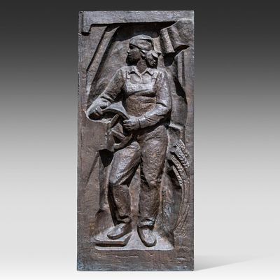 A communist subject bronze architectural relief, depicting a farmer, 3rd quarter 20thC 149 x 66 