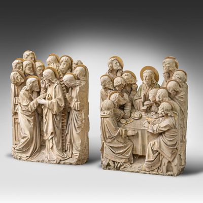 Two French high relief stone sculptures depicting the twelve apostles and the Last Supper 108 x 