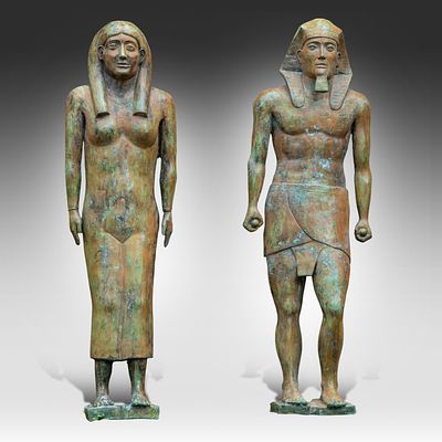 Two large decorative Egyptian Revival patinated bronze sculptures 210 x 68 x 38 cm. (82.6 x 