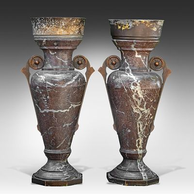 An impressive pair of Italian faux-bronze and faux-marble patinated metal vases 111 x 53 x 39 
