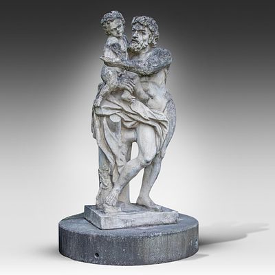 A large limestone group with Pan and Eros, 19th/20thC 222 x 100 x 71 cm. (87.4 x 39.3 x 27.9 in.). 