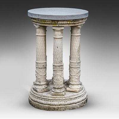 An Italian composite stone pedestal on six columns 87.5 x 55 cm. (34.4 x 21.6 in.). An Italian 