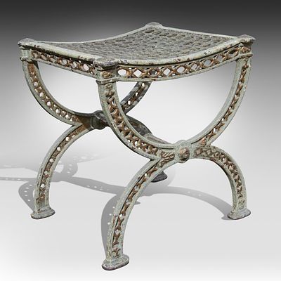 A French polychrome decorated cast iron x-frame stool, late 19thC 43 x 40 x 37 cm. (16.9 x 15 