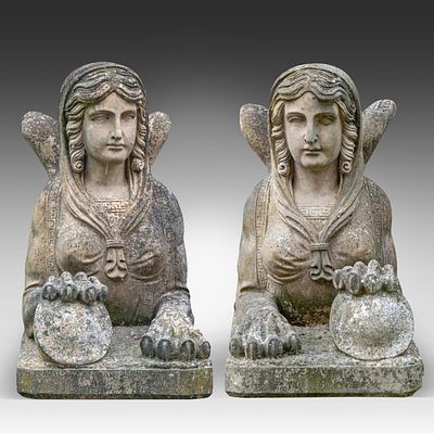 A pair of Retour d'Egypte style stone sculptures of sphinxes 80 x 133 x 46 cm. (31 1/2 x 52.3 x 
