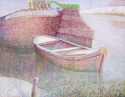 Jan De Clerck (1881-1962), boats in the canal in winter, oil on canvas 65 x 80 cm. (25.58 x 31 