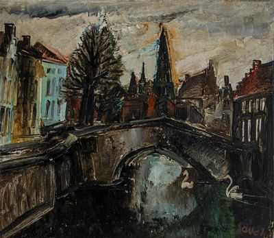 Albert Saverys (1886-1964), view of Bruges, oil on canvas 70 x 80 cm. (27.55 x 31 1/2 in.) 