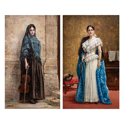 Pierre Adolphe Huas (1838-1900), a pair of pendant paintings with beauties, depicting poverty 