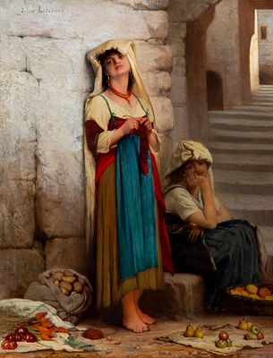 Jules Joseph Lefebvre (1836-1911), 'Fruit Vendors', oil on mahogany 40 x 31.5 cm. (15 3/4 x 