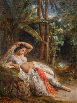 Henri Baron (1816-1885), Odalisque, oil on canvas 32 x 25 cm. (12.59 x 9.83 in.), Frame: 62 x 