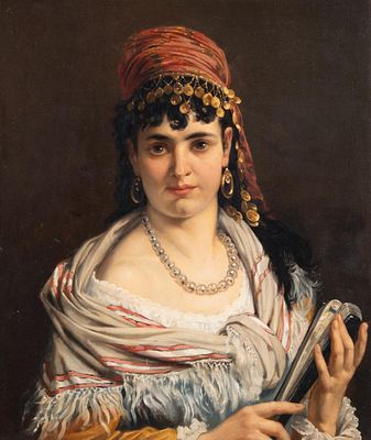 Agapit Stevens (1849-1917/24), portrait of an Oriental beauty, oil on mahogany 58 x 49 cm. 