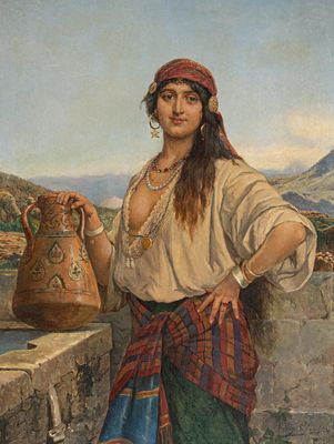 Eugene Siderdt (1851-1931), gypsy woman near the well, oil on panel 83 x 63 cm. (32.67 x 24.80 