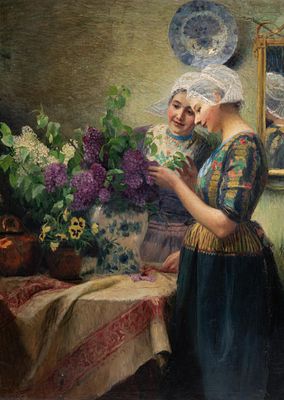 Carl Duxa (1871-1937), two girls picking flowers, oil on canvas 100 x 73 cm. (39.36 x 28.73 