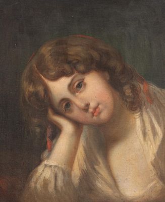 Follower of Jean-Baptiste Greuze (1725-1805), daydreaming girl, oil on canvas 45 x 38 cm. (17.7 