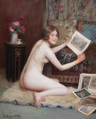 Victor Marais-Milton (1872-1948), naked girl in an interior, looking at art prints, oil on 