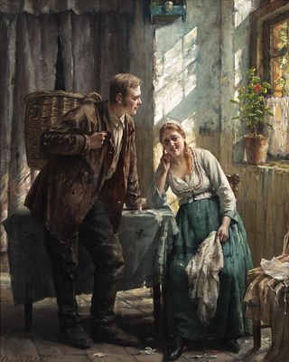 Edward Antoon Portielje (1861-1949), early romance, oil on panel 46.5 x 37 cm. (18.3 x 14.5 
