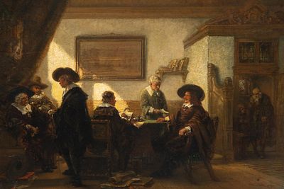 Johannes Anthonie Balthazar Stroebel (1821-1905), interior scene in the Dutch Golden Age, 1877 