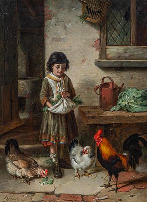 Walter Hunt (1861-1941), little girl feeding the chickens, 1880, oil on canvas 61 x 46.5 cm. 