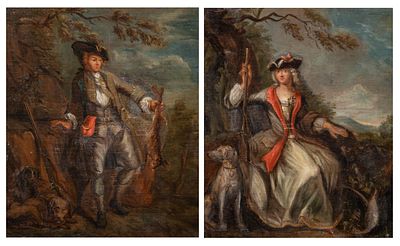 A pair of 18thC pendant portraits of a couple in a hunting setting, oil on canvas 56 x 46 cm. 