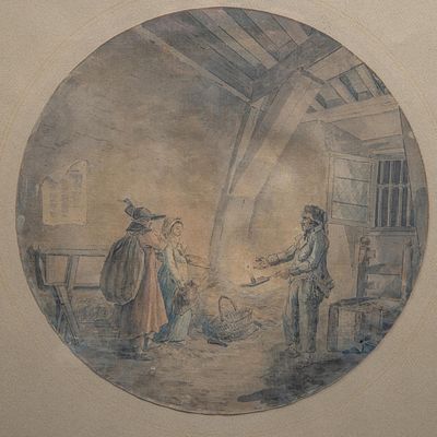 Hubert Robert (1733-1808), a traveller being offered refuge in a barn, pencil, ink and 