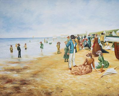 Thierry Poncelet (1946), dogs enjoying a day at the beach, oil on board 82 x 101 cm. (32.2 x 