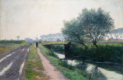 Emmanuel Vierin (1869-1954), woman walking along the canal, 1892, oil on canvas 80 x 120 cm. 