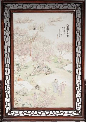 A large Chinese Qianjiang cai 'Spring Banquet in the Peach Blossom Garden' porcelain plaque 