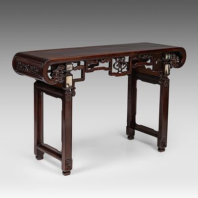 A Chinese hardwood side table, inset with small 'Dreamstone' marble plaques, Qing dynasty, L 