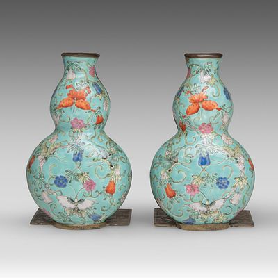 A pair of Chinese turquoise ground double-gourd-shaped wall vases, nicely mounted into book 