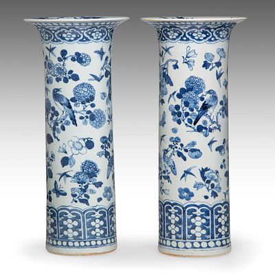 A large pair of Chinese blue and white 'Birds amongst Flower Branches' beaker vases, 18thC, H 